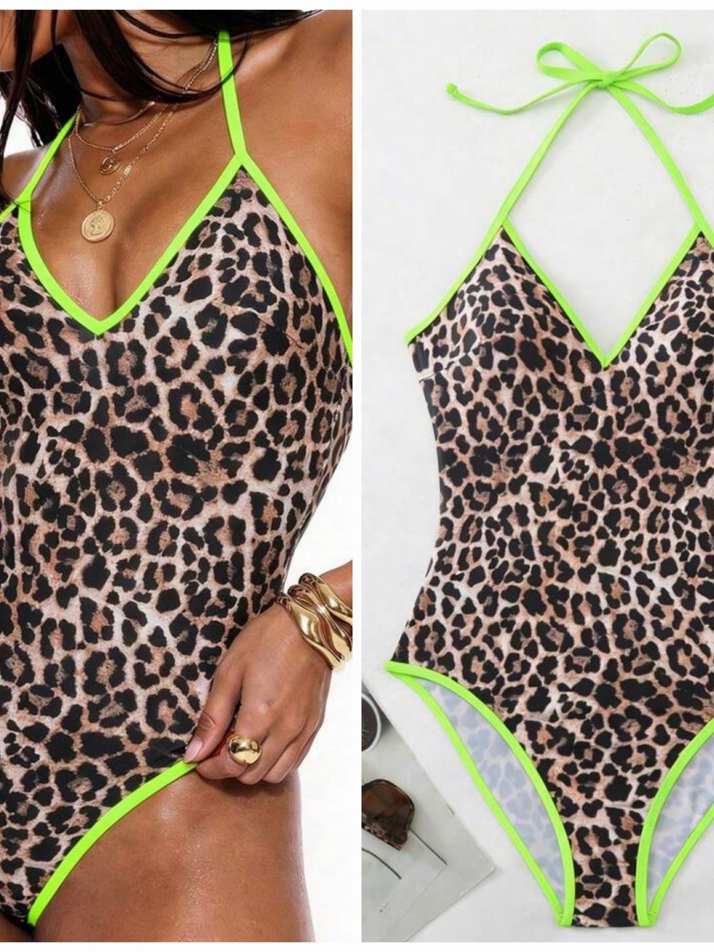 Leopard Print One-Piece Swimsuit with Neon Green Trim
